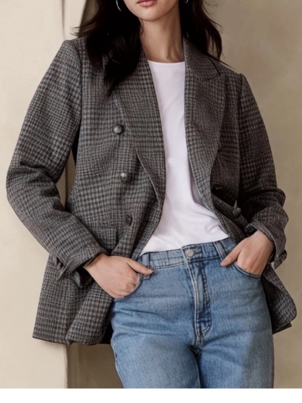 Banana Republic Women Sz 6 Gray Glen Houndstooth Plaid Icon Blazer $200 803502